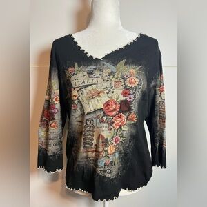 Cactus Italy Graphic Top Floral Rhinestone Vintage Style Tee